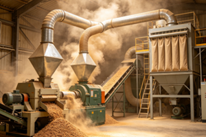 Dust collection equipment for biomass pellet processing